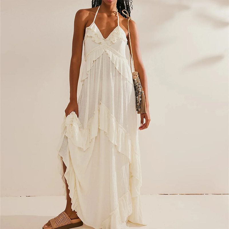 Summer Womens Dress Casual Loose Fit Solid Color Spaghetti Strap Vacation Style Wholesale Available