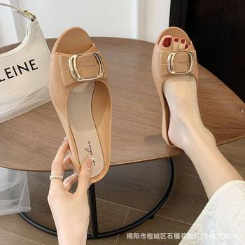 Pomegranate Flower New Women's Summer Half Slippers Fashionable Square Buckle Casual Thick Heel Outer Wear Flats Daily Sandals