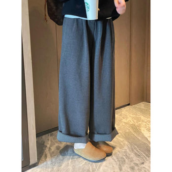 Pregnant women's autumn and winter woolen two-wear casual adjustment thickened fleece-lined belly pants pregnant women's woolen straight wide-leg pants tide