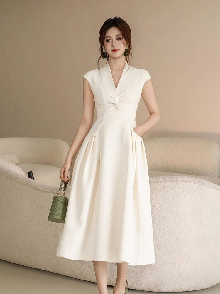 Đầm maxi nữ cổ V tay không dáng suông phong cách Pháp — [Màu hạnh]