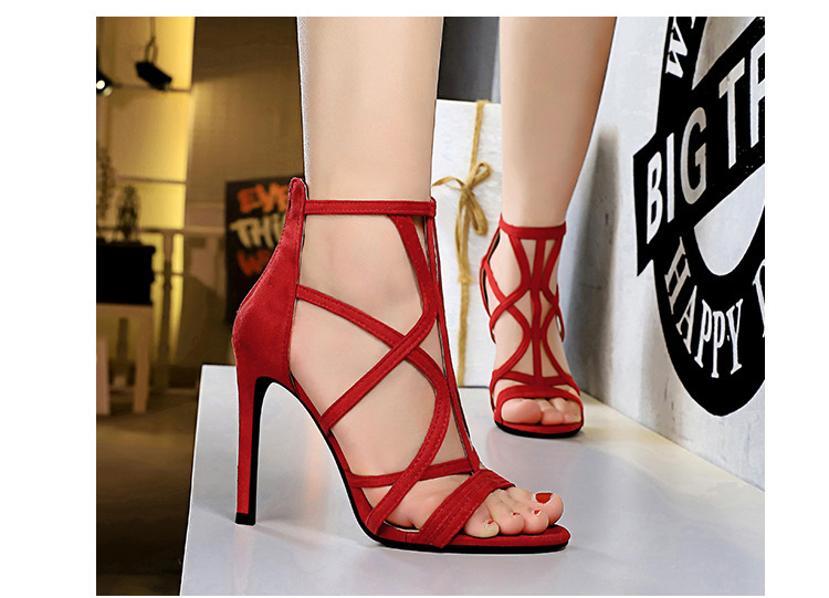 Sandal cao gót nữ gót mảnh 11cm mũi nhọn khoét lỗ phối quai thanh mảnh phong cách quyến rũ — Màu đen, Màu đỏ, Màu Kaki, Màu nude