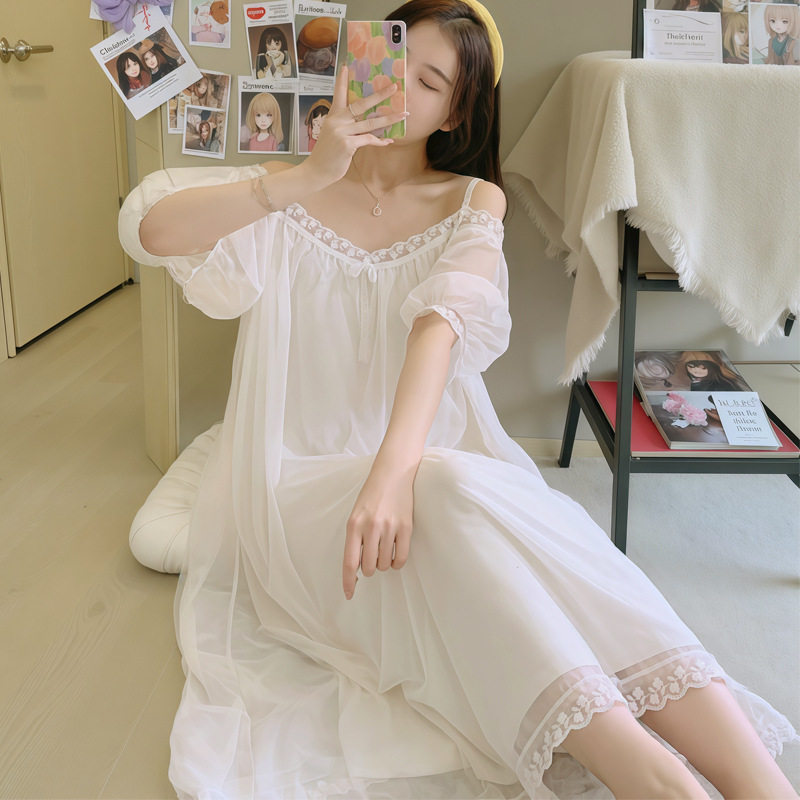 Maternity Wear Spring and Autumn Off-Shoulder Mesh Pajamas with Chest Pads Long Palace Style Sweet and Simple Home Wear 345