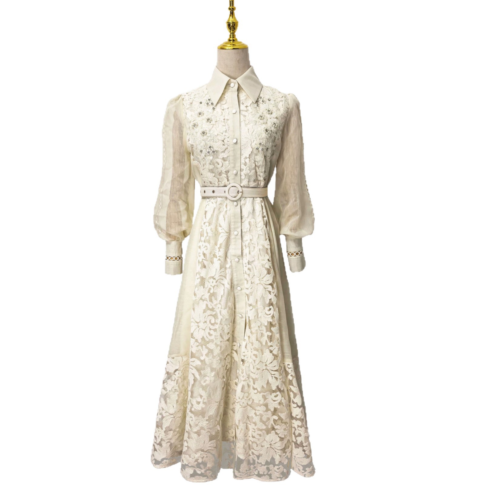 Elegant Long Sleeve Dress with Sequined Mesh Panels Lace Waist Tie Flared Skirt Perfect for Formal Occasions