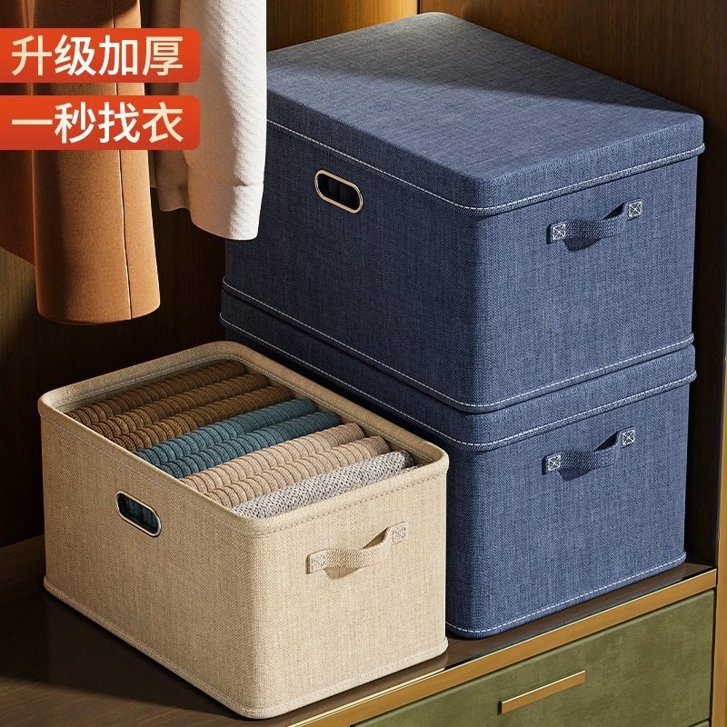 Cotton and Linen Storage Box with Lid, Large Fabric Storage Box with Lid, Extra-Large Capacity Storage Box with Top and Bottom Lids, Foldable Toy Storage Box