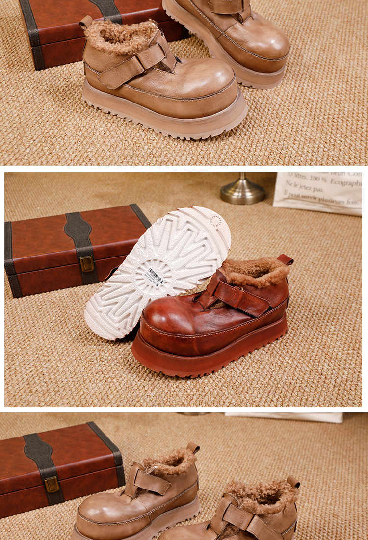 Giày boot nữ cổ cao da bò lộn thật lót lông cừu đế dày giữ ấm mùa đông — màu kaki, nâu sẫm