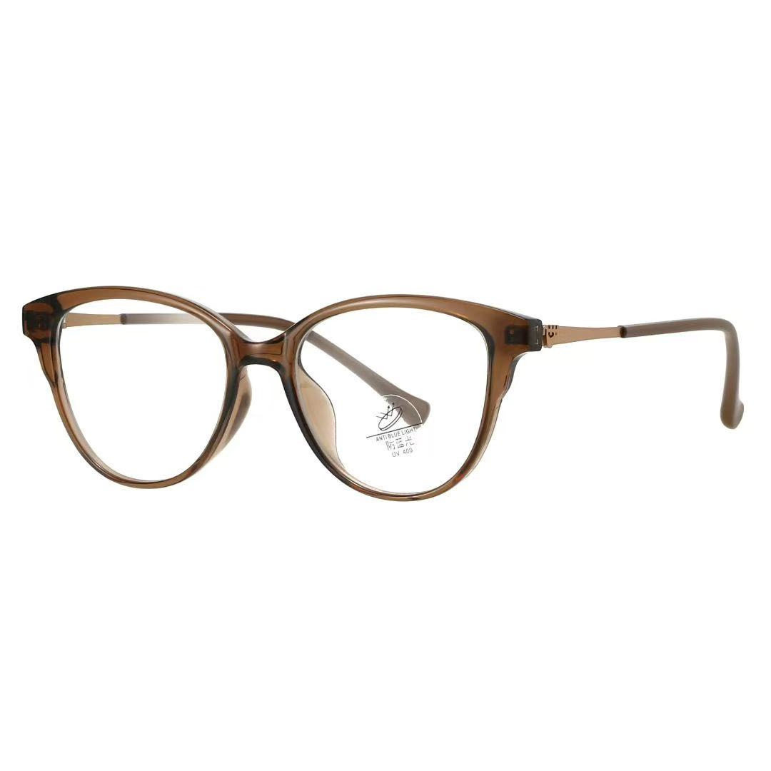 Retro Ultra-Light Tr90 Cat-Eye Glasses for Women, High-End Plain Cold Brown Metal Legs, Anti-Blue Light Flat Glasses Frame