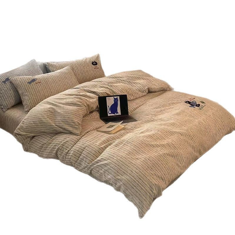 New four seasons ecological cotton and linen embroidery four-piece bed sheet-small black cat cartoon ins wind student three-piece set