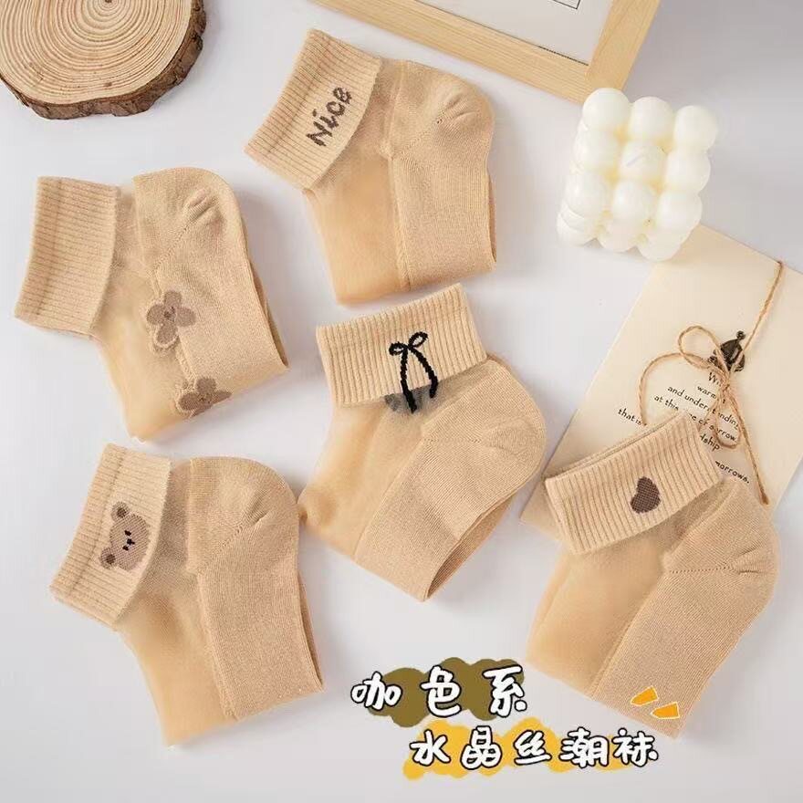 袜子女春夏水晶丝袜短筒船袜棉底吸汗透气卡通ins透明女士丝袜