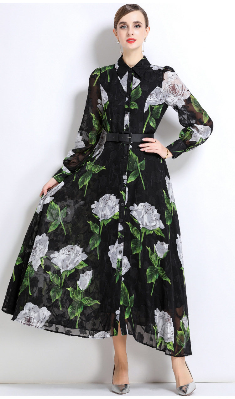 French High End Beaded Floral Long Sleeve Dress Slim Fit Waist Tie Button Closure Autumn Fashion for Women
