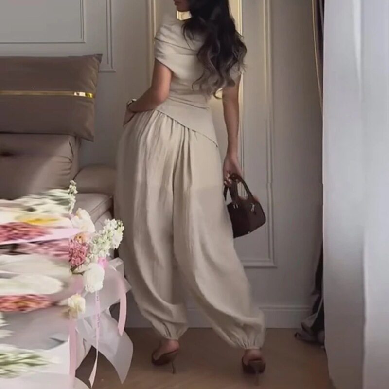 Womens Summer Two Piece Set Solid Color Asymmetrical Shoulder Casual Style Perfect for Work or Leisure Wholesale