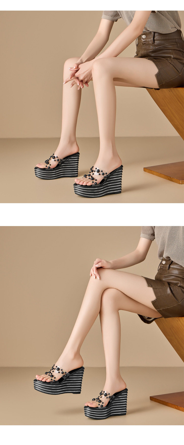 Sandal cao gót nữ hở mũi đế xuồng 12 cm phối ngọc trai — [Trắng sữa], [Đen] chi tiết 4