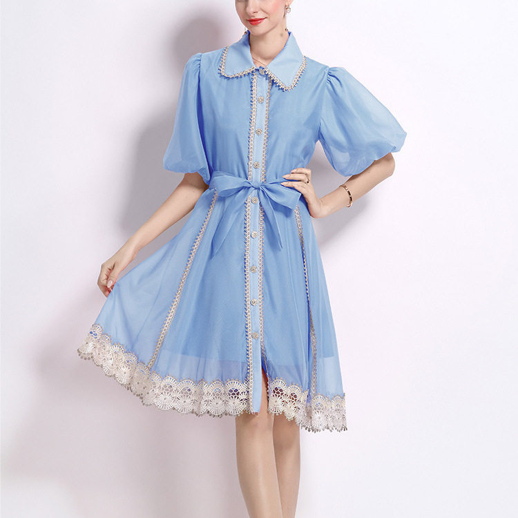 Vintage Inspired Womens Summer Dress Intricate Lace Paneling Waist Tie Lantern Sleeves Sheer Fabric Perfect for