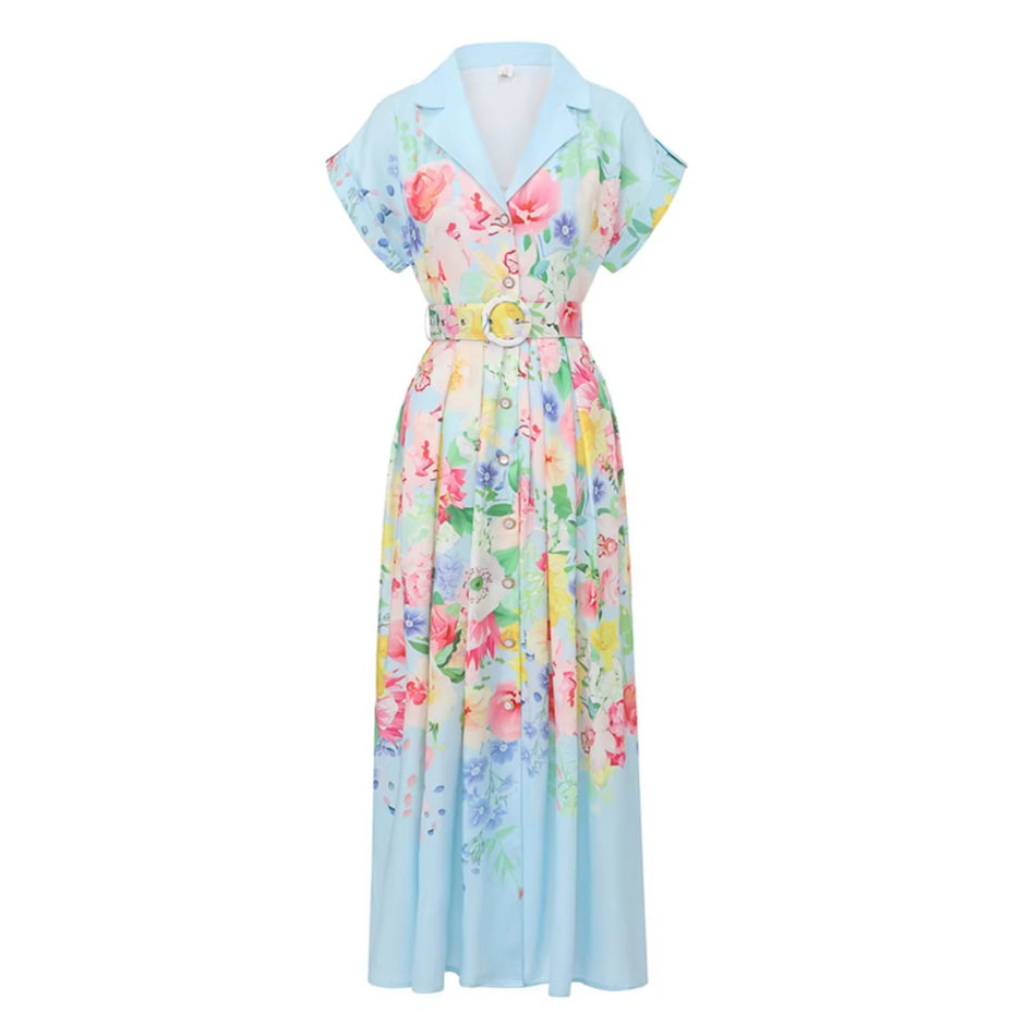 Elegant Floral Print Dress High Quality Fabric Shoulder Patch Sleeve Waist Tie Flared Hem Perfect for Spring and