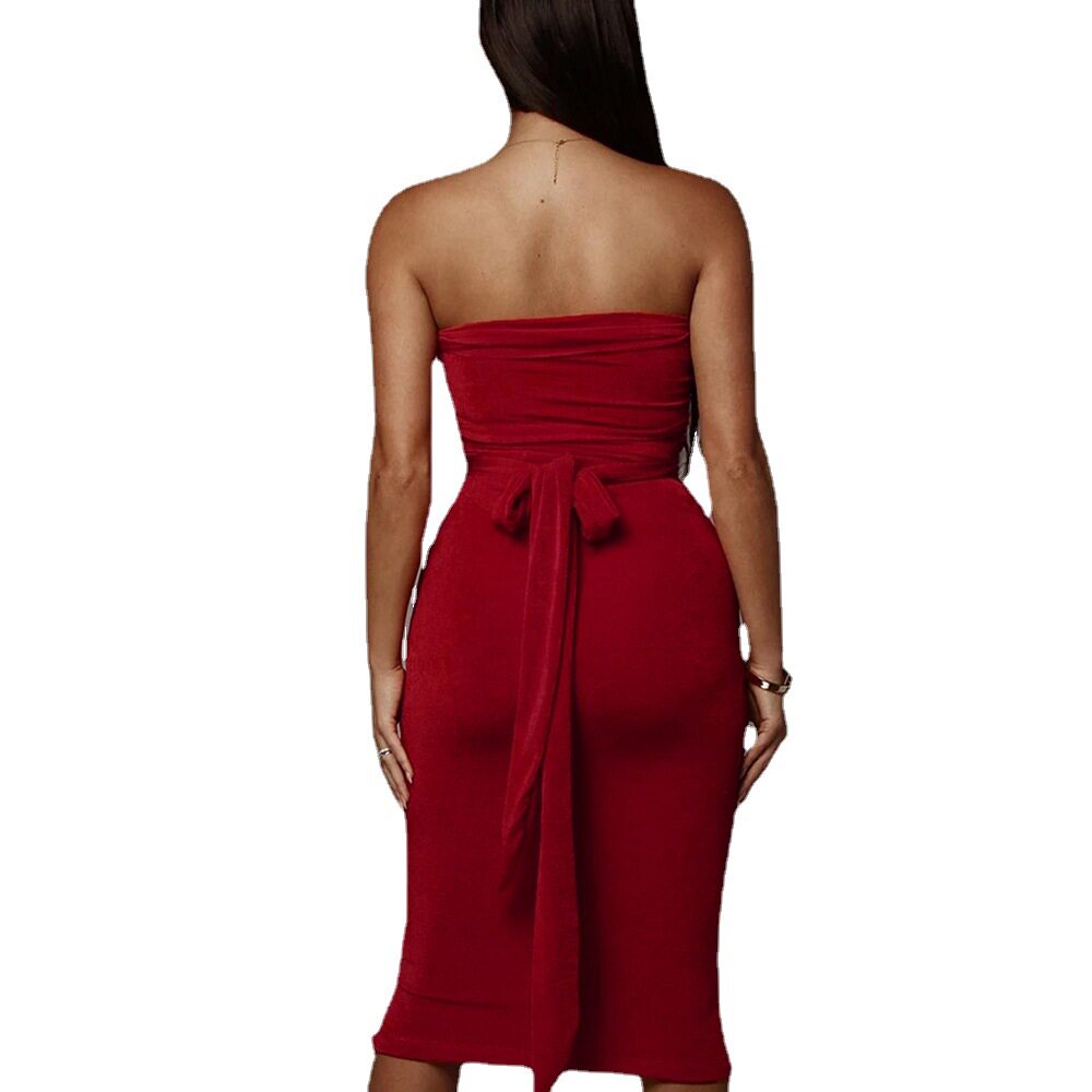 Womens Dress Set Sexy Tie Front Top High Waisted Pleated Skirt Fashionable Outfit for Parties or Casual Wear