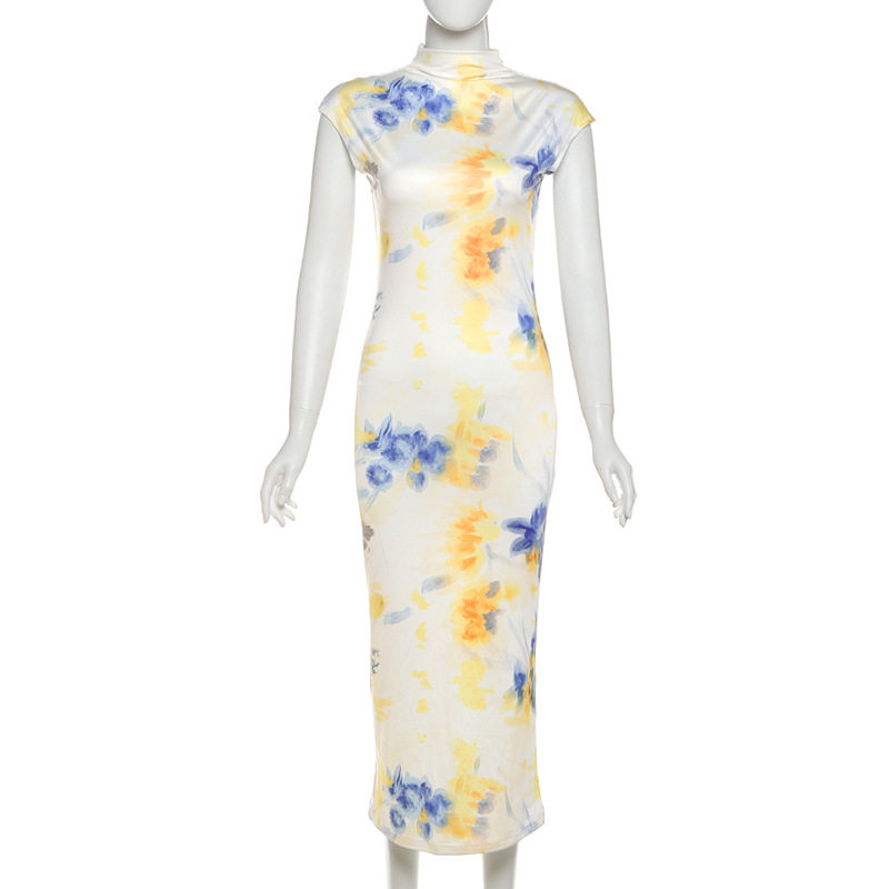 Elegant Floral Color Block Print Bodycon Dress Short Sleeve Half High Neck Spring Summer Fashion Wholesale Available