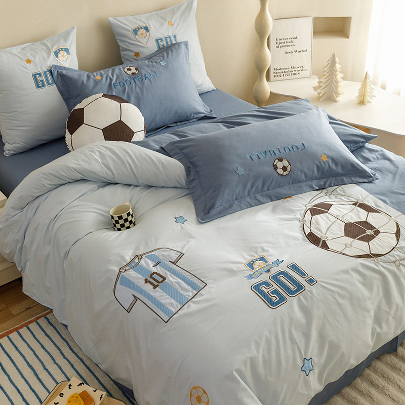 Football boy Cotton Washed Cotton Cartoon Four-piece Set Maternal and Infant Grade A Pure Cotton Quilt Cover Bed Sheet Children's Bedding