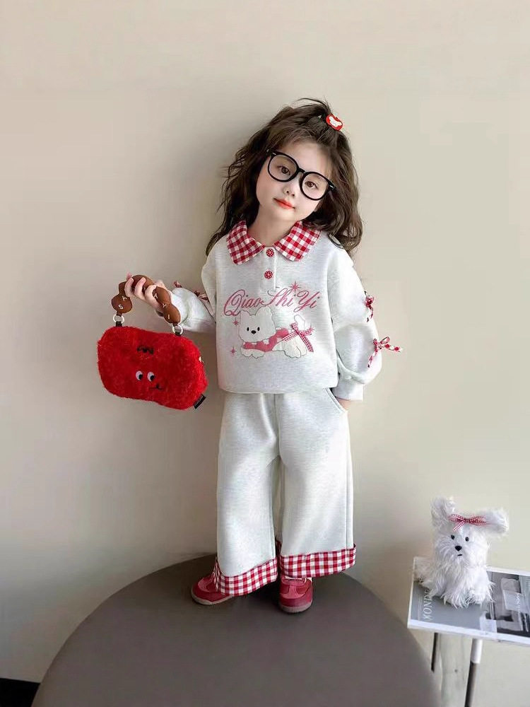 Girls' Fleece-Lined Thickened Two-Piece Set, New Stylish Design, Baby Girl Color-Block Bow Hoodie & Wide-Leg Pants