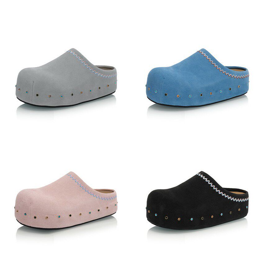 [Spot] Туфли Birkenstocks с бриллиантами, тонкие туфли с круглым носком на толстой подошве, верхняя одежда, полуботинки baotou с одной педалью, ниша в стиле design sense