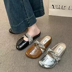 French-Style Versatile Flat Mules with Closed Toe for Women, 2026 New Summer Model, Suitable for Pairing with Dresses, Thick-Soled Height-Increasing Outdoor Sandals