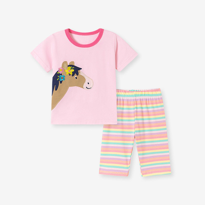 Grosir pakaian anak, set kartun anak gaya, set dua bagian anak perempuan bergaris lucu musim panas