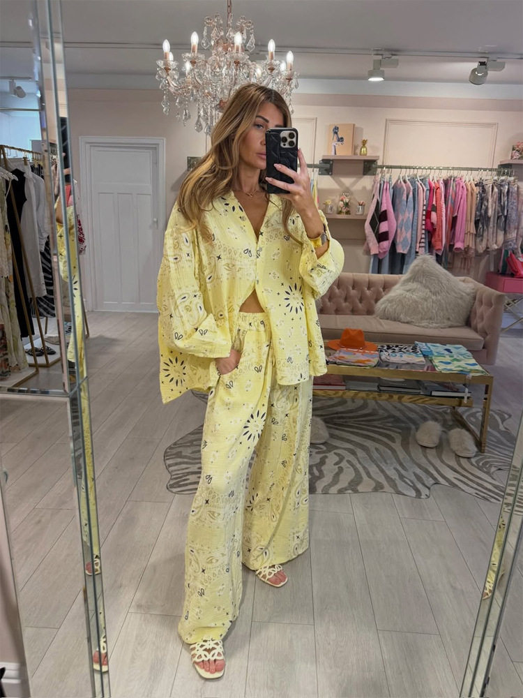 Womens Printed Hollow Out Button Up Shirt and Loose Pants Set Comfortable Trendy Versatile Perfect for Casual