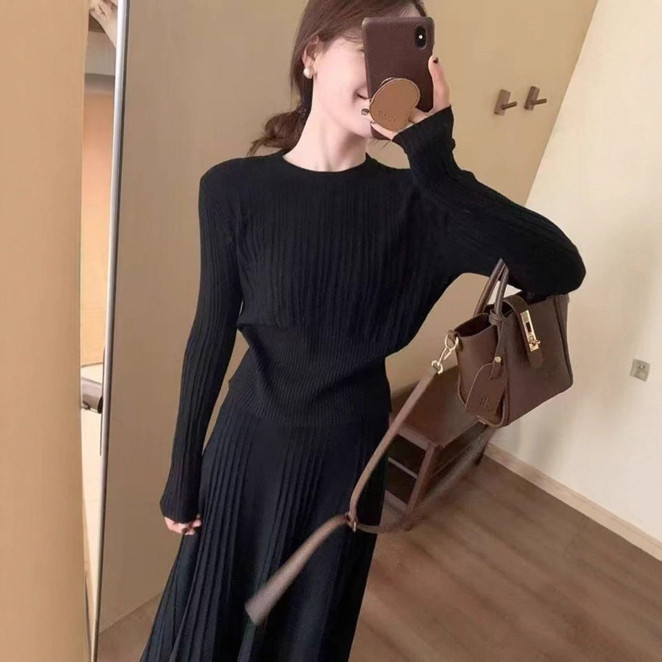 High Waist Pleated Knit Set Slim Fit Elegant Style Casual Chic Perfect for Autumn and Winter Wholesale Available