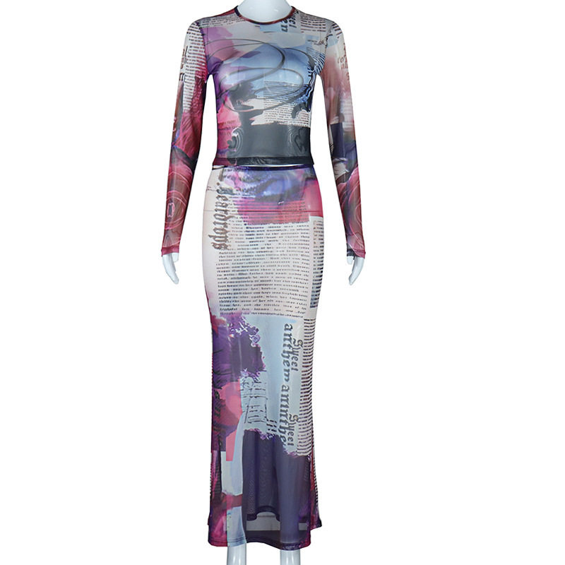 Sheer Mesh Two Piece Set Round Neck Long Sleeve Floral Print Bodycon Skirt Fashionable for Parties or Night Out
