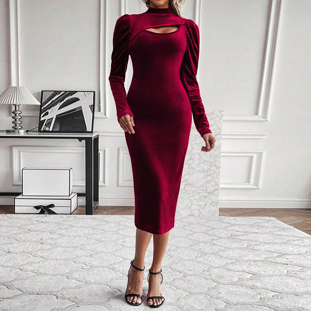 Velvet Bodycon Dress Hollow Out Design Slim Fit Elegant Silhouette Evening Party Wear Wholesale Available
