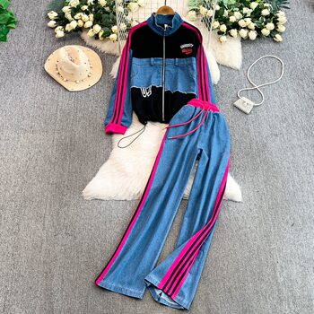 European and American Retro Color-Block Letter Embroidery Denim Zipper Jacket Women's Loose Slimming Two-Bar Wide-Leg Pants Two-Piece Set