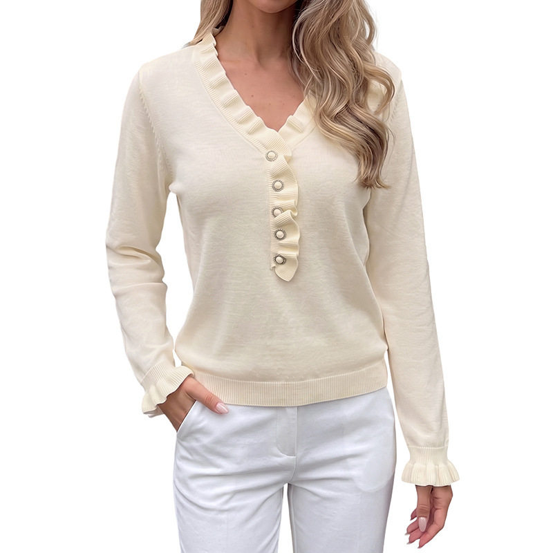 Knit Sweater Solid Color Ruffle Trim V Neck Pearl Button Detail Korean Style Casual Wear Wholesale Available