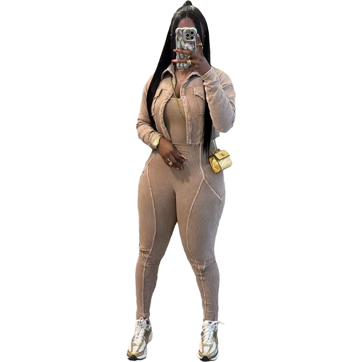 TK6329 跨境货源欧美时尚女装 酸洗炒色做旧连体裤两件套休闲套装