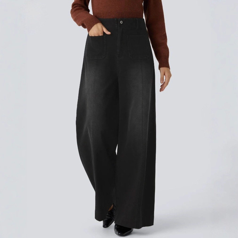 High Waisted Pocketed Patchwork Button Zipper Wide Leg Jeans Womens Fashion Fall Winter Collection Wholesale Available