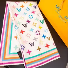 Correct Version 2025 New Shawl White Three-Color Double-Sided Printed Silk Scarf Silk High-End Large Square Scarf