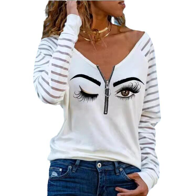 Long Sleeve V Neck T Shirt Eye Print Zipper Design Comfortable Fabric Casual Wear for Spring and Autumn Wholesale