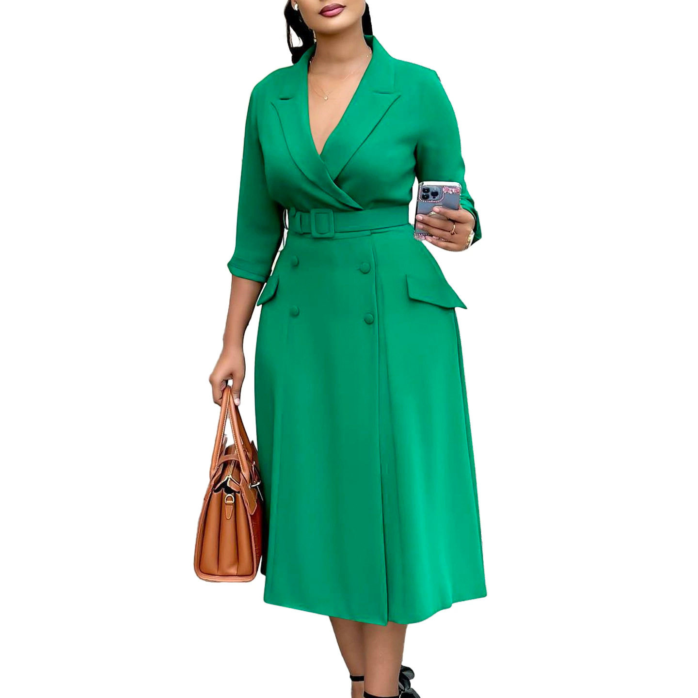 Double Breasted Blazer Dress Elegant Solid Color Mid Length Fashionable Design Perfect for Office or Casual Events