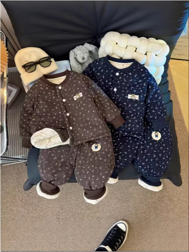 New Girls' Winter Floral Print Padded Jacket & Pants Set, Thickened Cotton Coat & Trousers, Temperature-Changing Padded Outfit