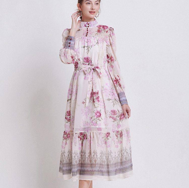 Elegant Womens Long Sleeve Dress High Neck Waist Tie Ruffled Hem Floral Print Perfect for Spring Summer Events