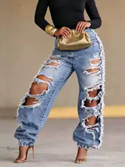 2026 Amazon European and American Cross-Border Women's Casual Wide-Leg Straight Ripped Jeans for Women