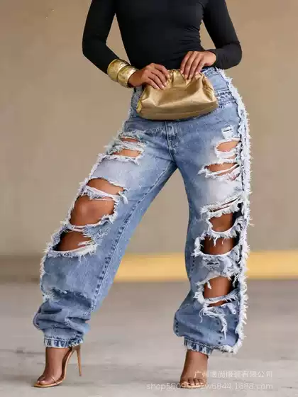 2026 Amazon European and American Cross-Border Women's Casual Wide-Leg Straight Ripped Jeans for Women