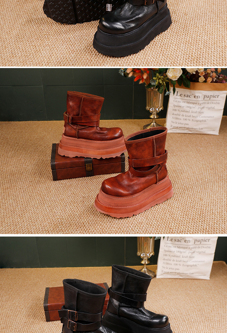 Boot nữ cổ trung da bò thật đế dày tăng chiều cao khóa kéo bên — màu đen, màu nâu