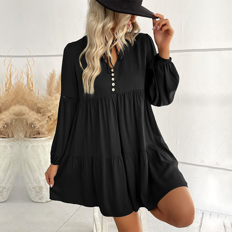 Short Loose V Neck Dress Wrinkled Design Solid Color Minimalist Style Autumn Fashion Wholesale Available