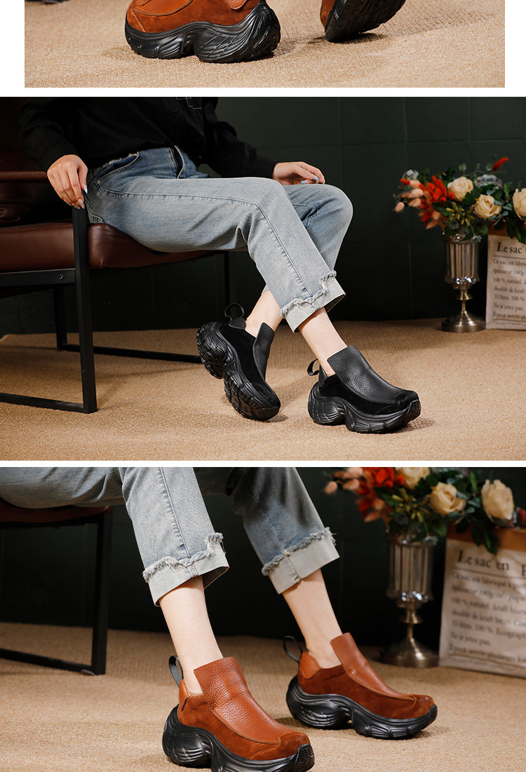 Giày nữ da bò thật đế dày kiểu retro, mang một chân thoáng khí êm chân — đen, màu nâu