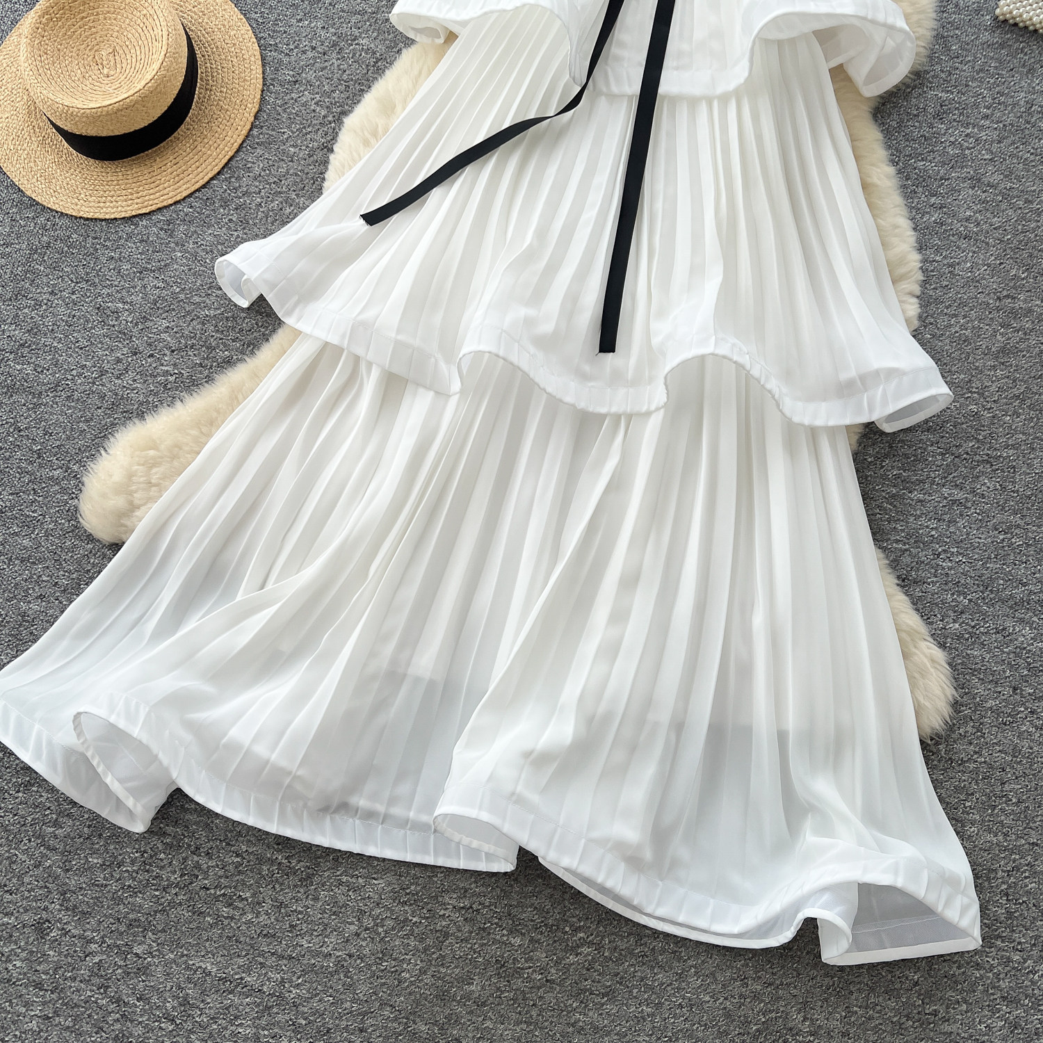 French Style White Sleeveless Dress Bowknot Ruffle Hem Elegant Long Gown Summer Occasion Wholesale Available