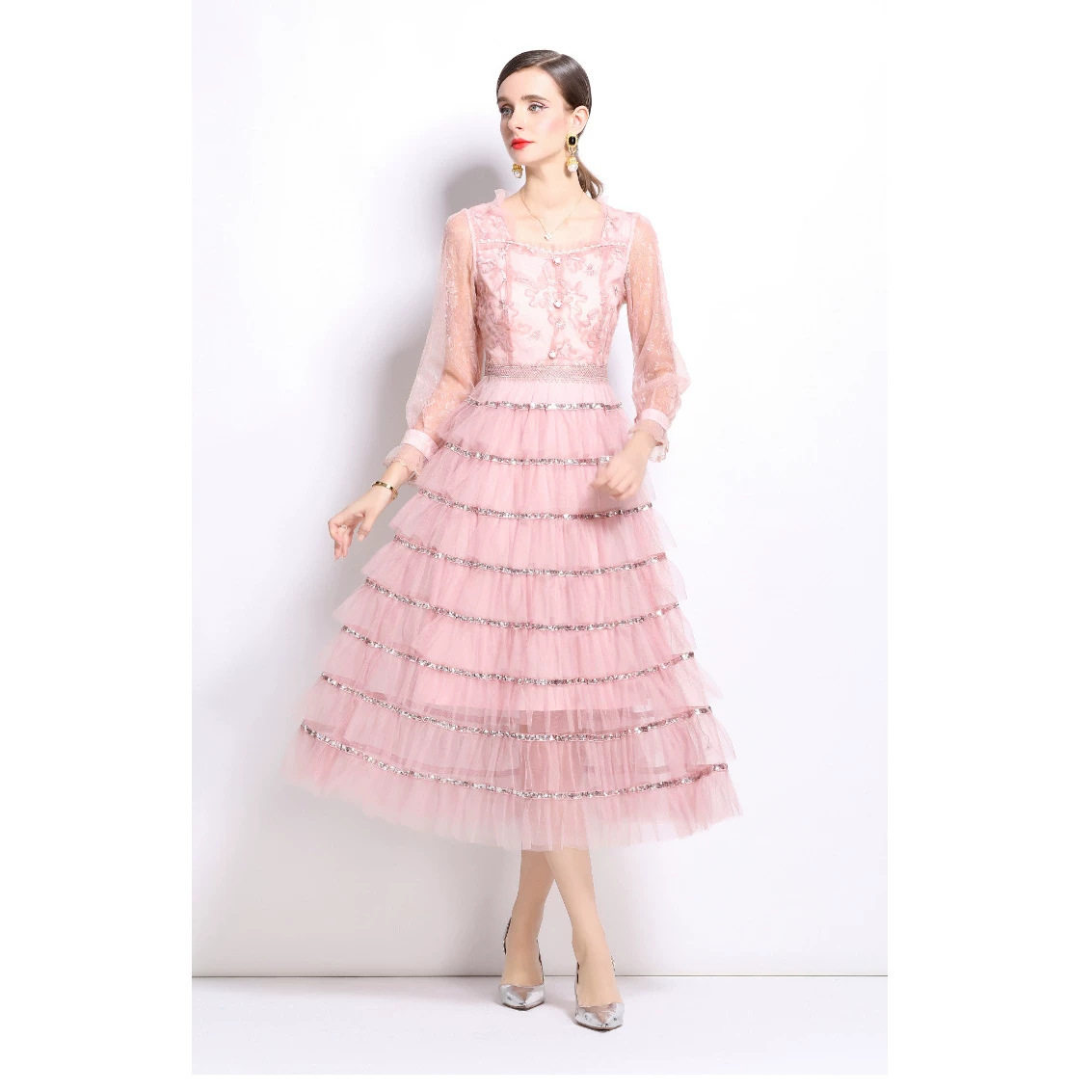 Elegant Long A Line Dress for Women Square Neck Sequin Patchwork High End Luxury Perfect for Formal Events and