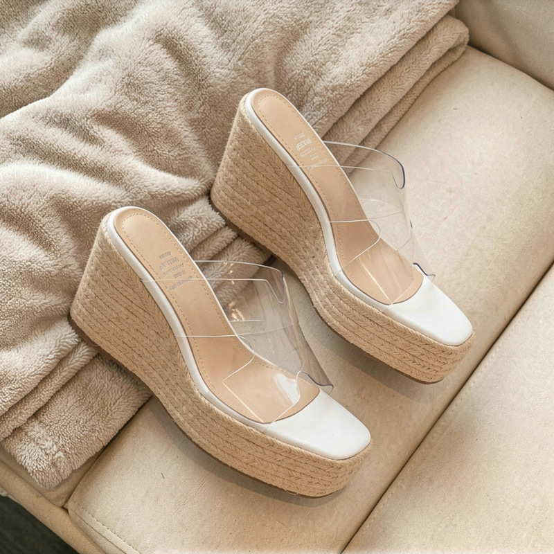 Sandal nữ quai ngang gót xuồng đế dày 9cm mũi vuông — Màu be, Màu trắng