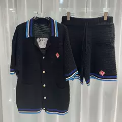 2025 New European and American Cross border Trend, Foreign Trade Fashion, Color blocked Youth Fashion, Men's Knitted Shirt and Shorts Set Trend