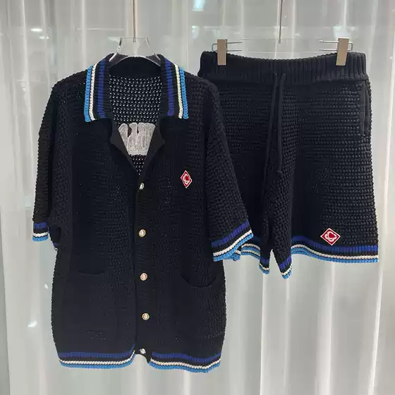 2025 New European and American Cross border Trend, Foreign Trade Fashion, Color blocked Youth Fashion, Men's Knitted Shirt and Shorts Set Trend
