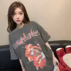 Eva Album Limited Asuka Anime Retro Washed Old Vintage High Street Loose Men's and Women's Short-Sleeved T-Shirts