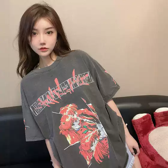 Eva Album Limited Asuka Anime Retro Washed Old Vintage High Street Loose Men's and Women's Short-Sleeved T-Shirts