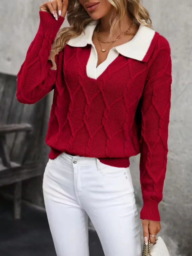 Elegant Womens Color Block Knit Sweater Long Sleeve Lapel Collar Autumn Winter Style Wholesale Available